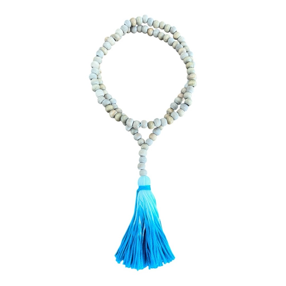 Blue Tassel Mala Wood Beaded Necklace